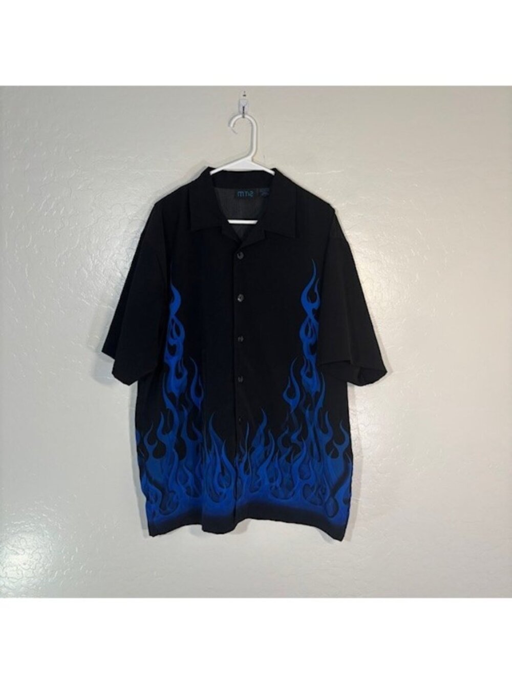 MT2 Vintage Shirt Mens Large Button Short Sleeve Black Blue Flame Camp Rocker